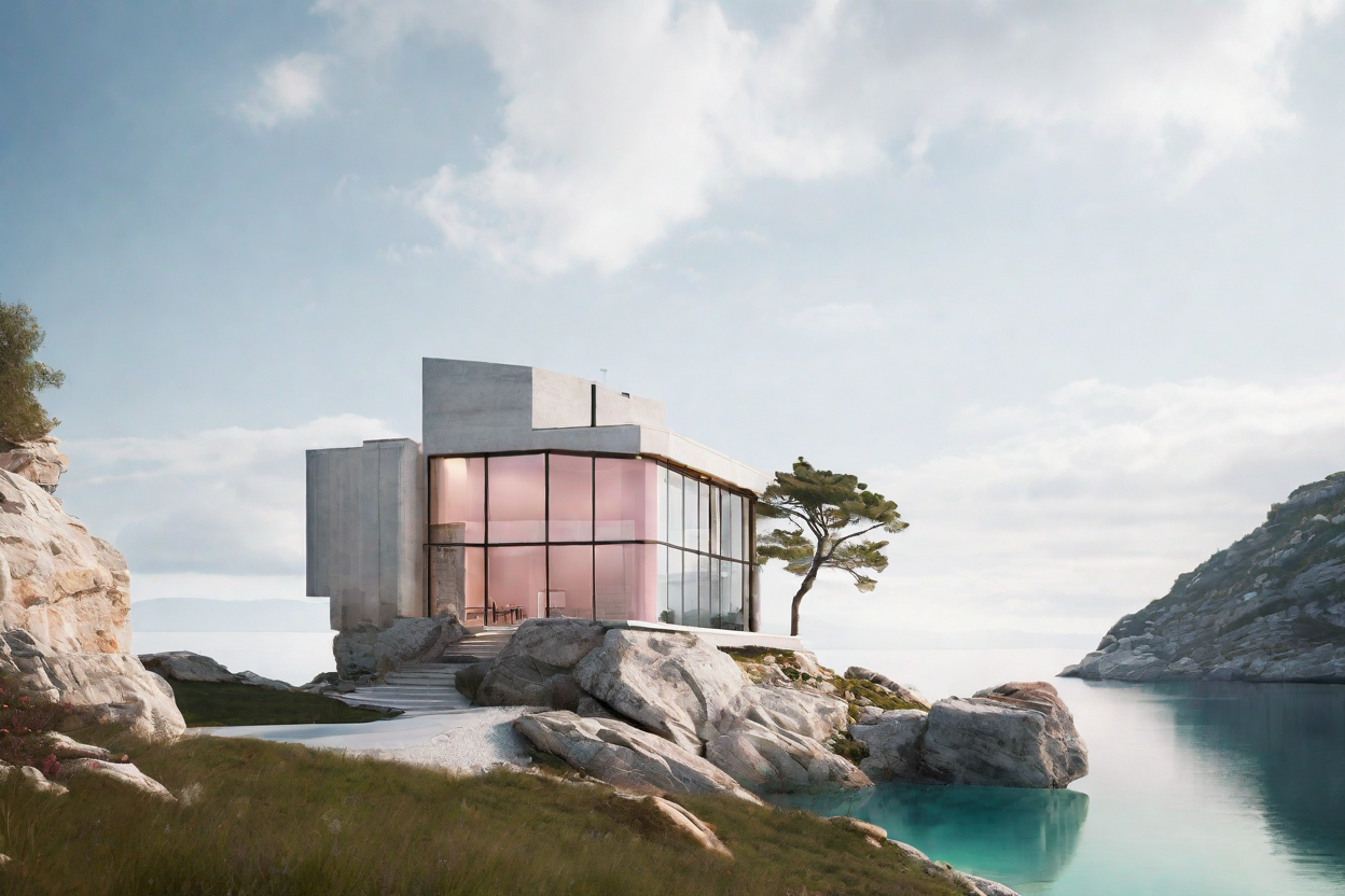 An elegant Scandinavian-inspired house with clean lines and natural materials, seamlessly integrated into a rocky cliffside over