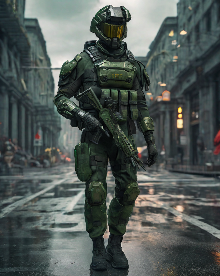 Futuristic soldier with advanced armor, weaponry, and helmet, dark army green, street, overcast, reflection mapping, intricate d