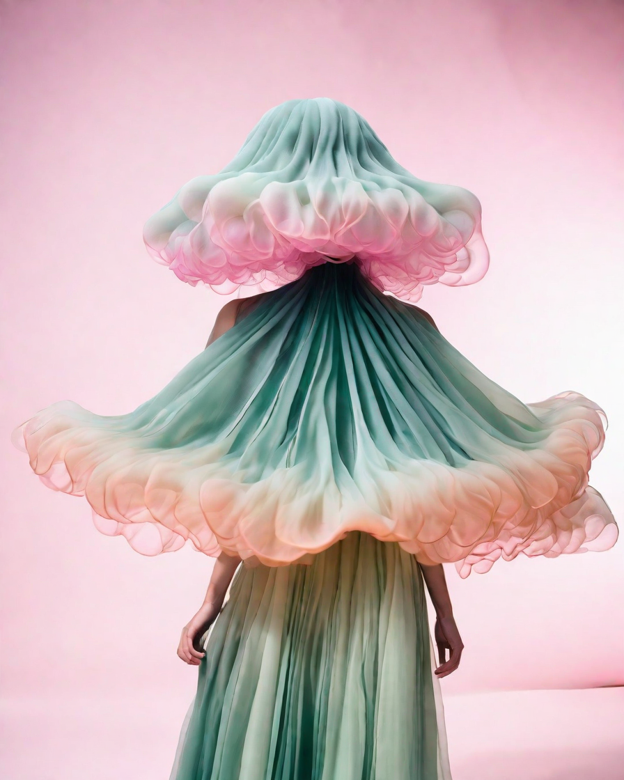 A photograph of a model wearing a one-of-a-kind outfit made of flowing fabric that resembles the undulating body of a jellyfish,