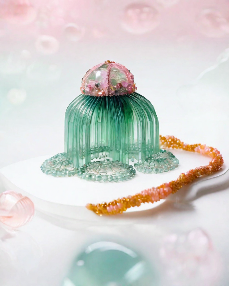 a unique dress inspired by jellyfish; sage green, pink; ediotrial imagery
