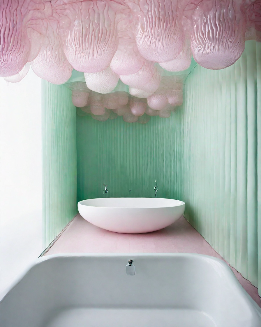A photograph of a sage green bathroom with walls made of textured glass that resembles the gracefully undulating body of a jelly