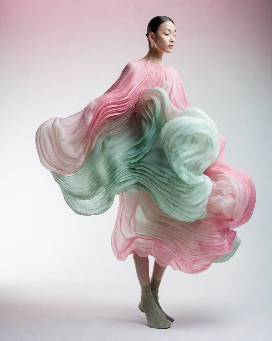 A photograph of a model wearing a one-of-a-kind outfit made of flowing fabric that resembles the undulating body of a jellyfish,