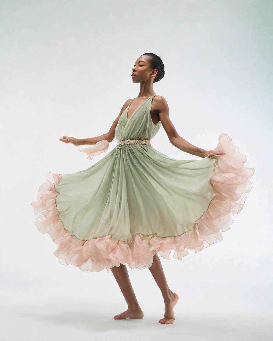 A dancer wearing a flowing cream-colored dress with ruffled layers, embellished with delicate sage green and pale pink jellyfish
