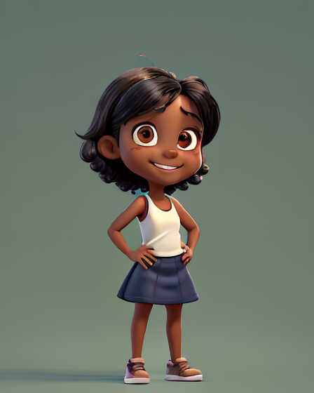 Female character, brown skin, girl, 8 years old, full body, white t-shirt, tank top. tank top, black hair, smiling. dark blue sk