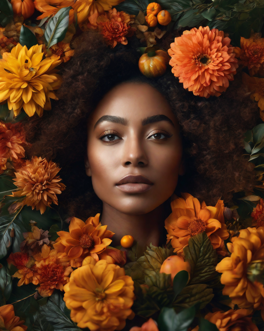A hyper-realistic Diverse 
portrait of a person represetning fall surronded by fall themed florals and foliage