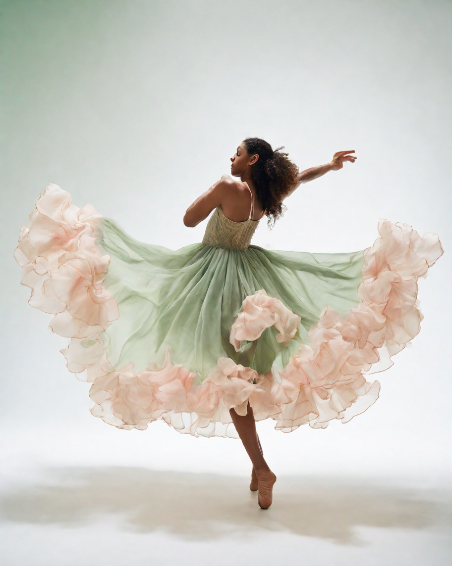 A dancer wearing a flowing cream-colored dress with ruffled layers, embellished with delicate sage green and pale pink jellyfish