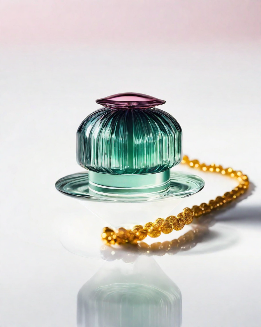 A unique perfume bottle with a textured glass surface resembling the gracefully undulating body of a jellyfish, delicate sage gr